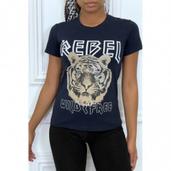 Tee-shirt marine cintrée avec écriture REBEL et tête de lion