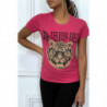 Tee-shirt fuchsia cintrée avec écriture REBEL et tête de lion