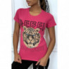 Tee-shirt fuchsia cintrée avec écriture REBEL et tête de lion