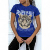 Tee-shirt royal cintrée avec écriture REBEL et tête de lion