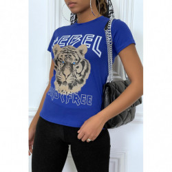 Tee-shirt royal cintrée avec écriture REBEL et tête de lion