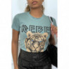 Tee-shirt vert d'eau cintrée avec écriture REBEL et tête de lion