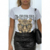 Tee-shirt gris cintrée avec écriture REBEL et tête de lion