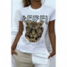 Tee-shirt blanc cintrée avec écriture REBEL et tête de lion