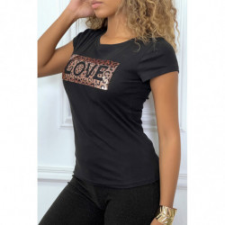 T-shirt noir avec écriture LOVE sur fond pailleté doré