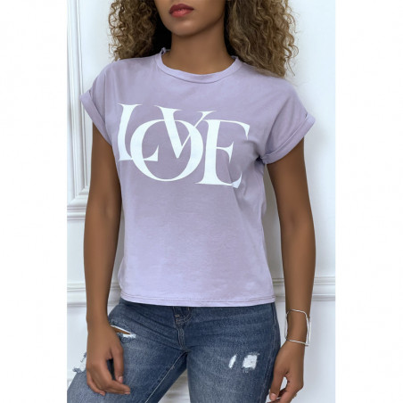 T-shirt lilas manches revers avec écriture LOVE