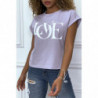 T-shirt lilas manches revers avec écriture LOVE