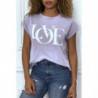 T-shirt lilas manches revers avec écriture LOVE