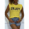 Tee-shirt jaune à épaulettes avec écriture ENJOY