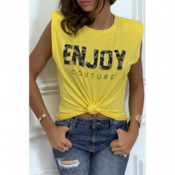 Tee-shirt jaune à épaulettes avec écriture ENJOY