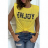 Tee-shirt jaune à épaulettes avec écriture ENJOY