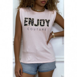 Tee-shirt rose à épaulettes avec écriture ENJOY