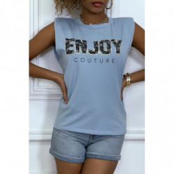 Tee-shirt turquoise à épaulettes avec écriture ENJOY