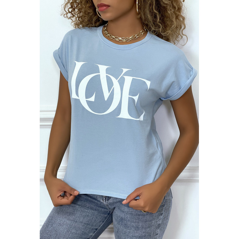 T-shirt turquoise manches revers avec écriture LOVE