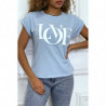 T-shirt turquoise manches revers avec écriture LOVE