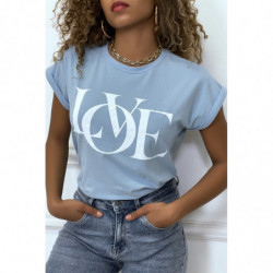 T-shirt turquoise manches revers avec écriture LOVE