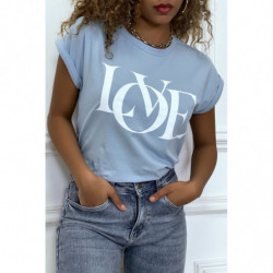 T-shirt turquoise manches revers avec écriture LOVE