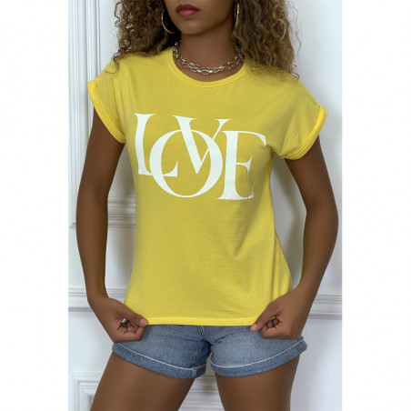 T-shirt jaune manches revers avec écriture LOVE