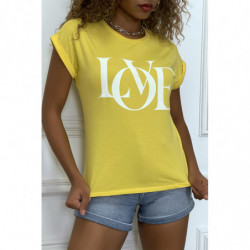 T-shirt jaune manches revers avec écriture LOVE