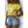 T-shirt jaune manches revers avec écriture LOVE