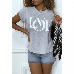 T-shirt gris manches revers avec écriture LOVE