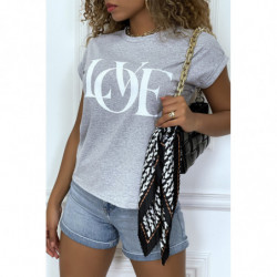 T-shirt gris manches revers avec écriture LOVE