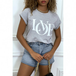 T-shirt gris manches revers avec écriture LOVE