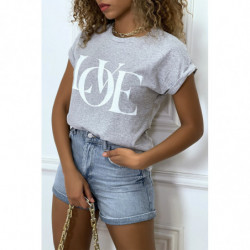 T-shirt gris manches revers avec écriture LOVE