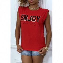 Tee-shirt rouge à épaulettes avec écriture ENJOY