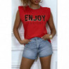 Tee-shirt rouge à épaulettes avec écriture ENJOY