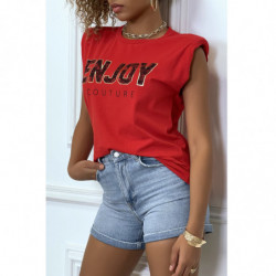 Tee-shirt rouge à épaulettes avec écriture ENJOY