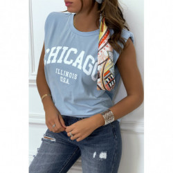 T-shirt turquoise avec épaulettes et écriture CHICAGO devant