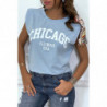 T-shirt turquoise avec épaulettes et écriture CHICAGO devant