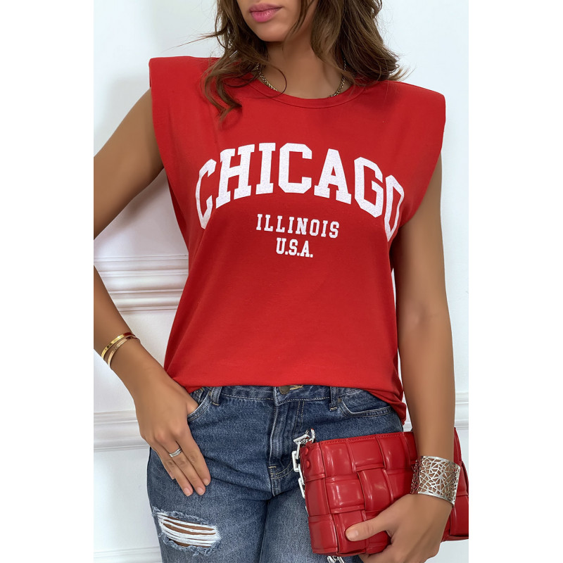 T-shirt rouge avec épaulettes et écriture CHICAGO devant