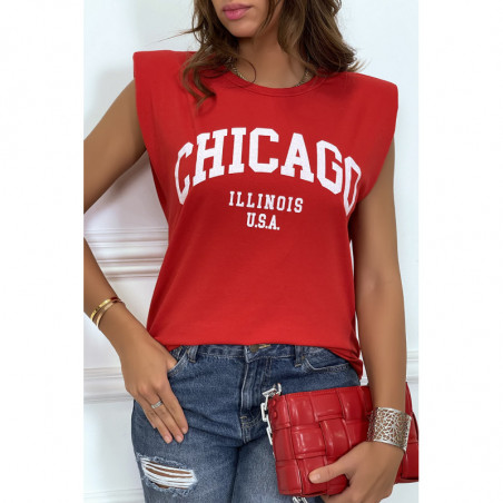 T-shirt rouge avec épaulettes et écriture CHICAGO devant