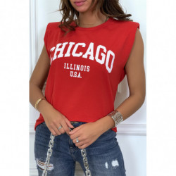 T-shirt rouge avec épaulettes et écriture CHICAGO devant