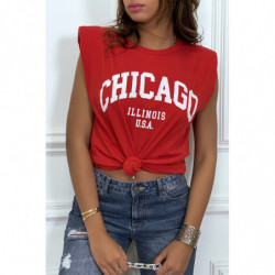 T-shirt rouge avec épaulettes et écriture CHICAGO devant