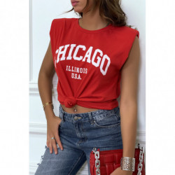 T-shirt rouge avec épaulettes et écriture CHICAGO devant