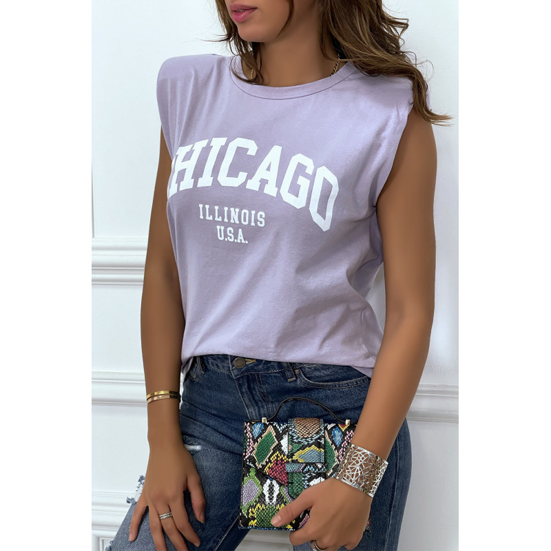 T-shirt lila avec épaulettes et écriture CHICAGO devant