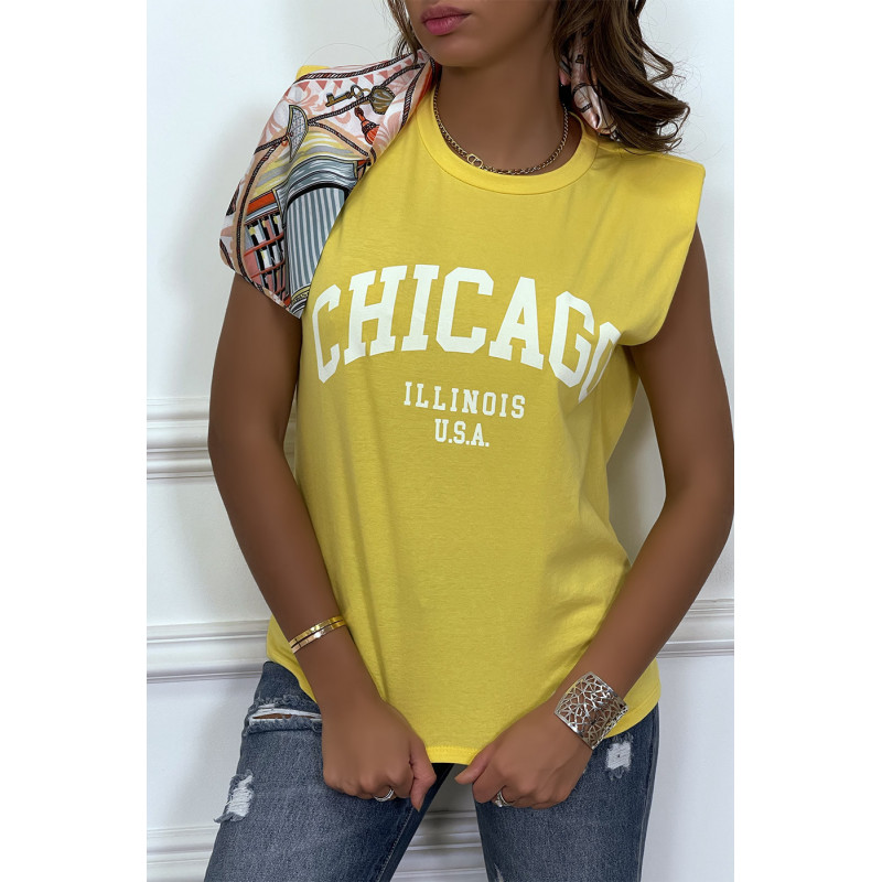 T-shirt jaune avec épaulettes et écriture CHICAGO devant