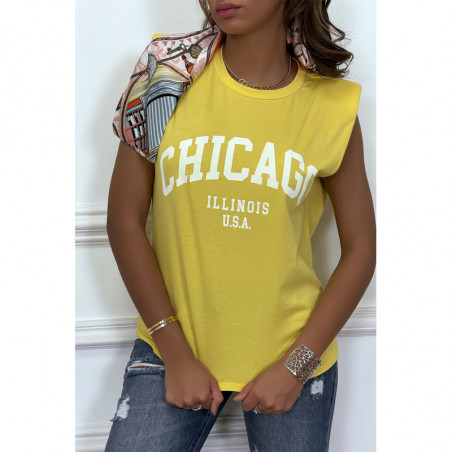 T-shirt jaune avec épaulettes et écriture CHICAGO devant