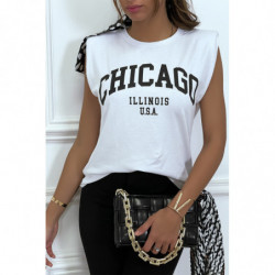 T-shirt blanc avec épaulettes et écriture CHICAGO devant