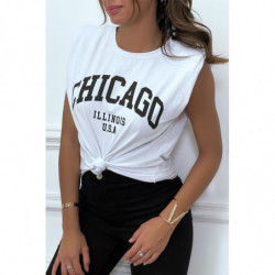 T-shirt blanc avec épaulettes et écriture CHICAGO devant