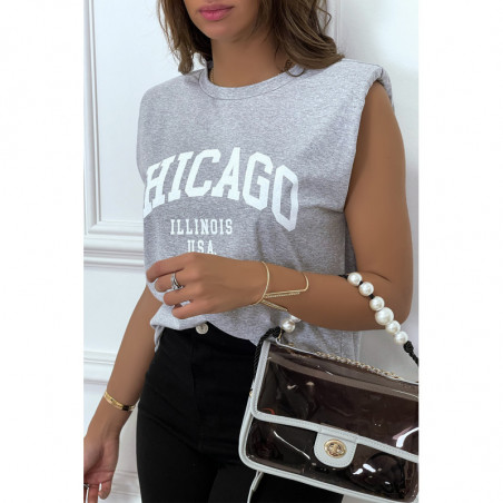 T-shirt gris avec épaulettes et écriture CHICAGO devant