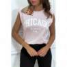 T-shirt rose avec épaulettes et écriture CHICAGO devant