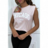 T-shirt rose avec épaulettes et écriture CHICAGO devant