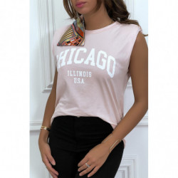 T-shirt rose avec épaulettes et écriture CHICAGO devant