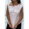 T-shirt rose avec épaulettes et écriture CHICAGO devant