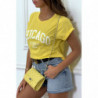 T-shirt Chicago en jaune légèrement ample avec manches revers