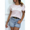 T-shirt Chicago en rose légèrement ample avec manches revers